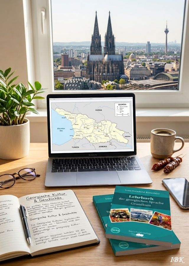 Moderner Arbeitsplatz mit dem ‚Lehrbuch der georgischen Sprache‘, einem Notizbuch mit Notizen zur georgischen Kultur und Blick auf den Kölner Dom.